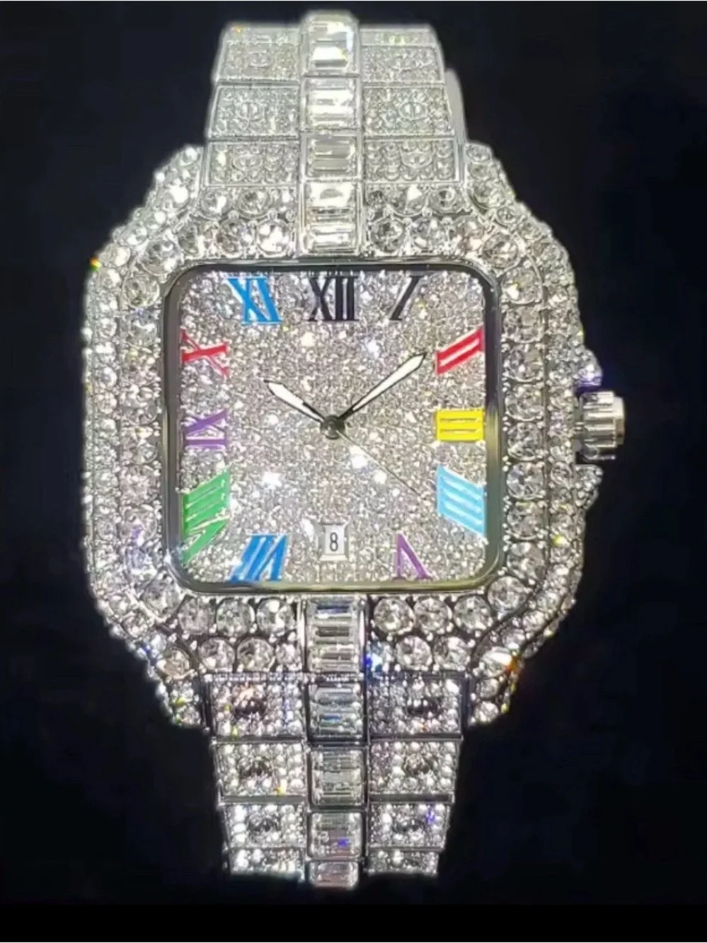 Iced Silver Square Face Watch with Multicolor Accents